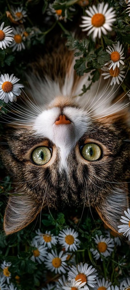 猫咪雏菊丛仰望可爱动物摄影手机壁纸