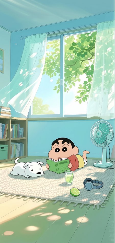 蜡笔小新与小白夏日午后读书场景动漫手机壁纸