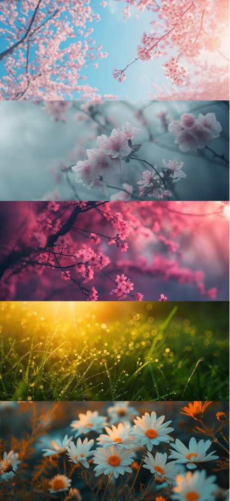 樱花桃花雏菊晨露花丛自然风景手机壁纸
