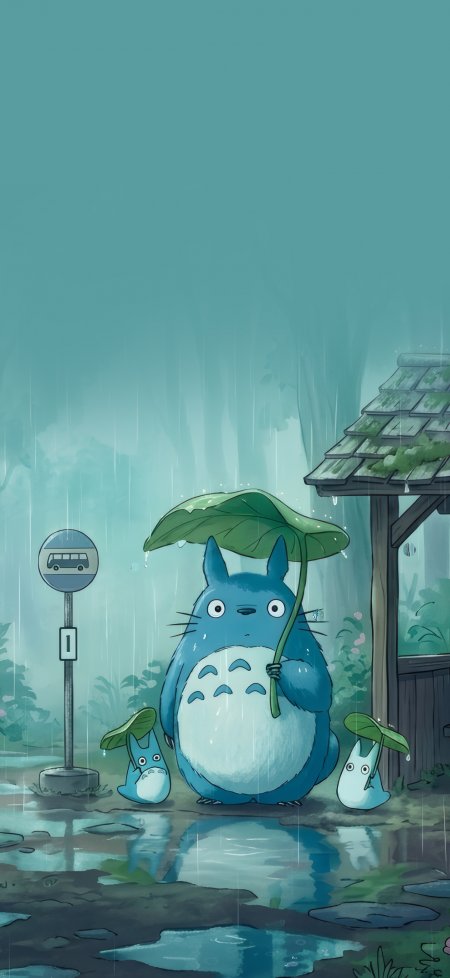 龙猫荷叶雨伞雨天车站吉卜力动漫手机壁纸