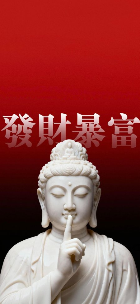 佛像发财暴富文字红色背景创意手机壁纸