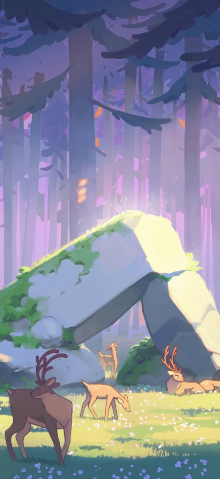 森林小鹿苔藓石堆插画治愈风景手机壁纸