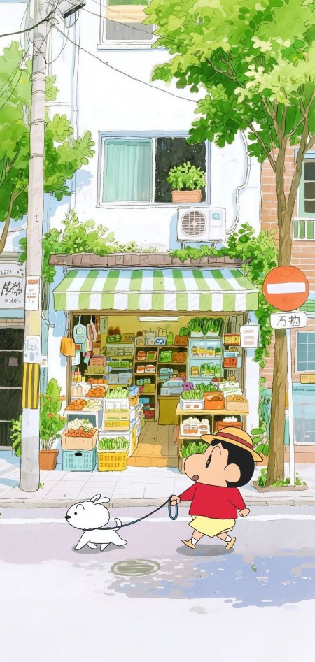 蜡笔小新遛狗经过街角蔬果店动漫手机壁纸