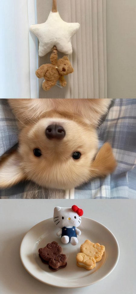 可爱玩偶与金毛犬及HelloKitty甜点创意手机壁纸