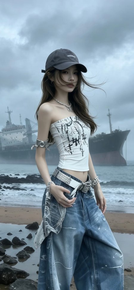 美女海边巨轮前戴帽牛仔穿搭人像摄影手机壁纸