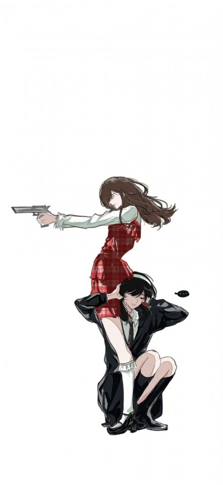 少女红格裙持枪蹲姿动漫手机壁纸