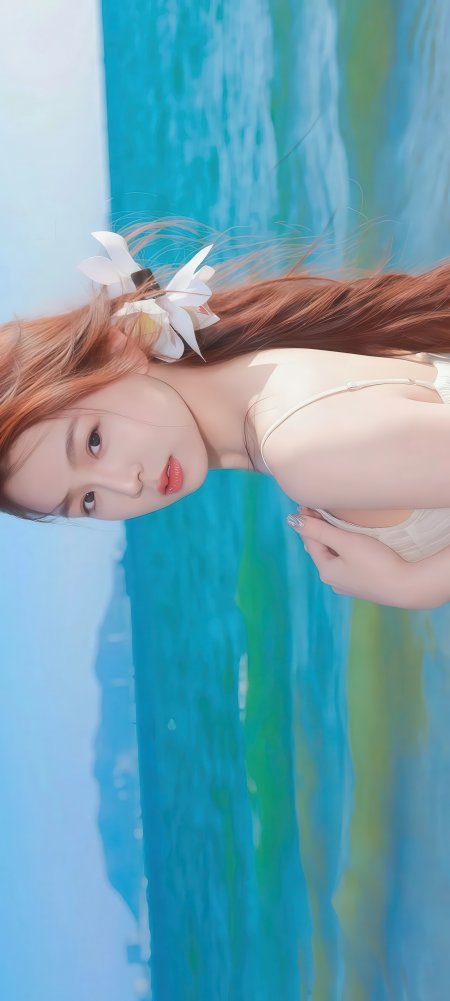美女泳池边长发白花清凉人像摄影手机壁纸