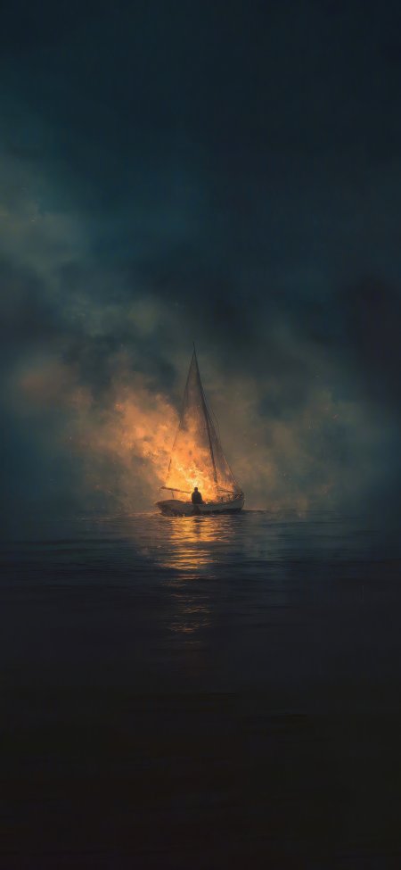 燃烧的帆船海面剪影艺术风景手机壁纸
