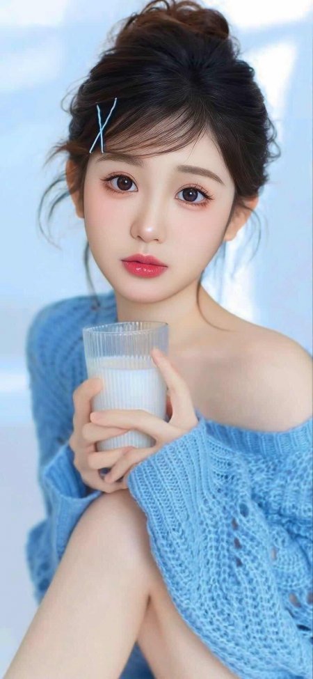 美女蓝毛衣手持牛奶杯室内人像摄影手机壁纸