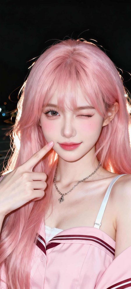 美女粉发水手服夜间指脸俏皮人像手机壁纸