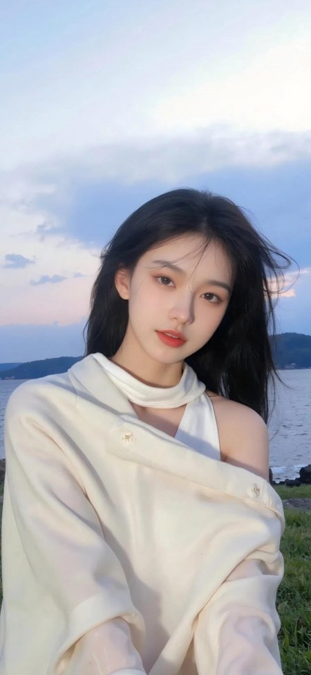 美女白衬衫露肩领海边黄昏温柔人像手机壁纸