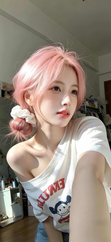 美女粉发白T恤室内自拍时尚人像摄影手机壁纸