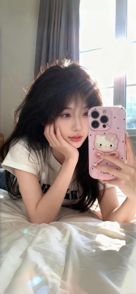 美女白T恤粉手机壳床上自拍生活人像手机壁纸