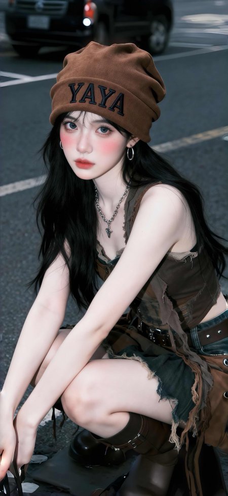美女棕帽破洞装街头蹲姿酷飒人像手机壁纸
