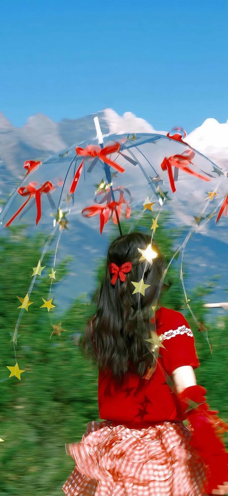 少女红裙撑伞山林背景梦幻人像手机壁纸