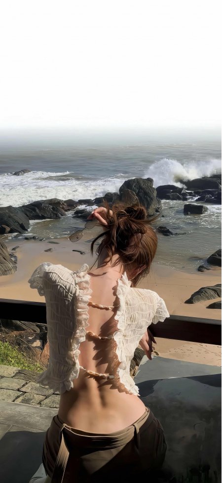 美女白蕾丝上衣棕裤海边背影时尚人像手机壁纸