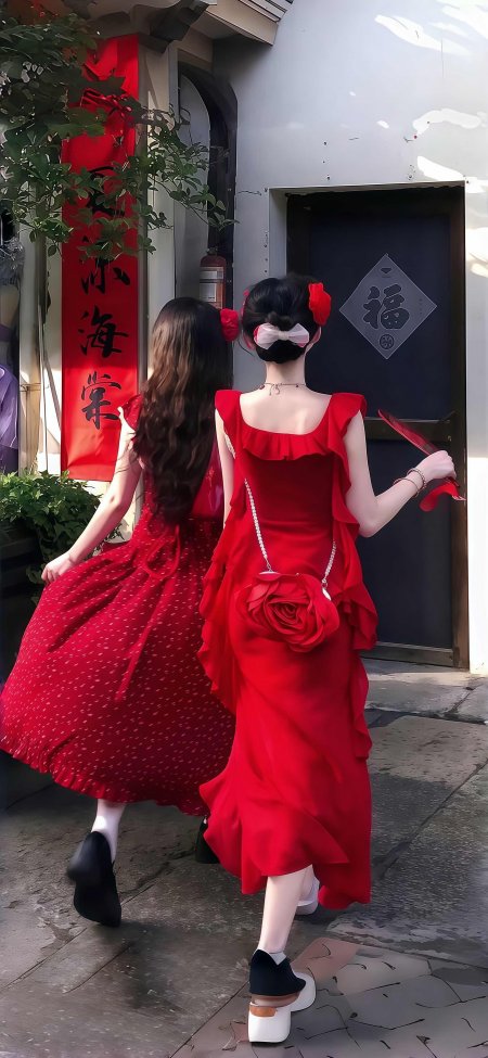 美女红裙姐妹花古街背影时尚人像手机壁纸