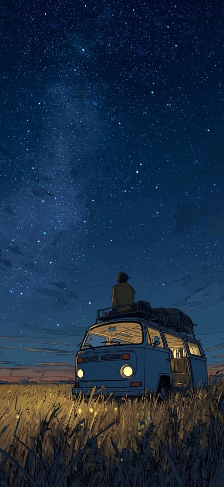 星空下房车露营人物背影插画手机壁纸