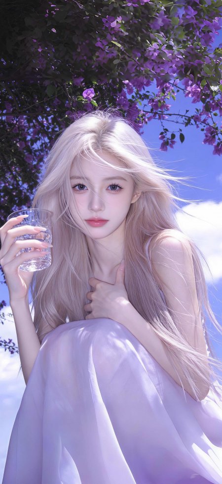 美女紫裙持水杯紫花树下梦幻人像手机壁纸