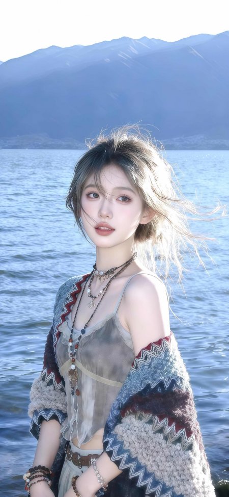 美女民族风针织开衫湖光山色人像手机壁纸