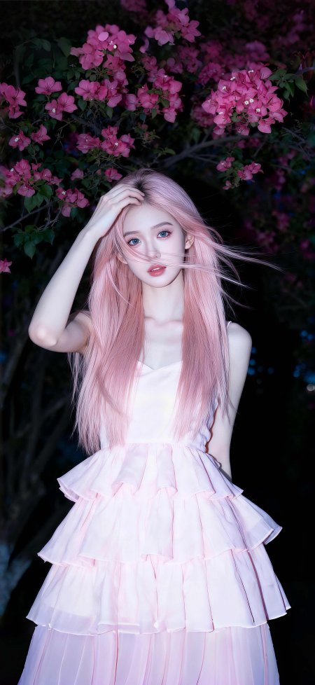 美女粉裙长发粉花背景梦幻人像手机壁纸