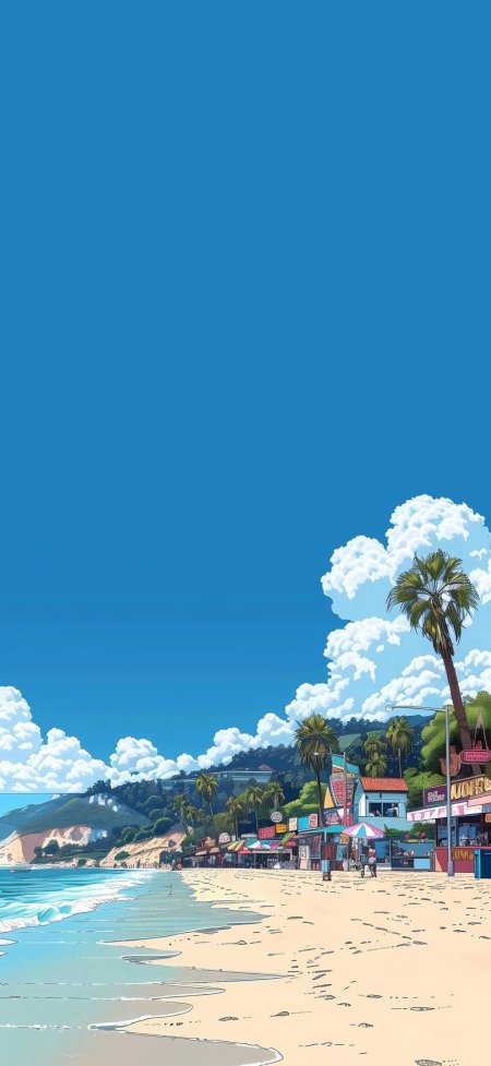 海边椰树彩色小屋晴朗蓝天风景手机壁纸