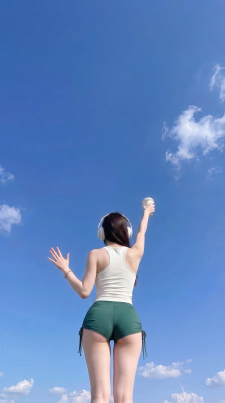 美女白背心绿短裤举咖啡杯背影人像手机壁纸