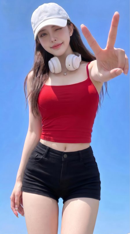美女红吊带黑短裤白帽比耶时尚人像手机壁纸