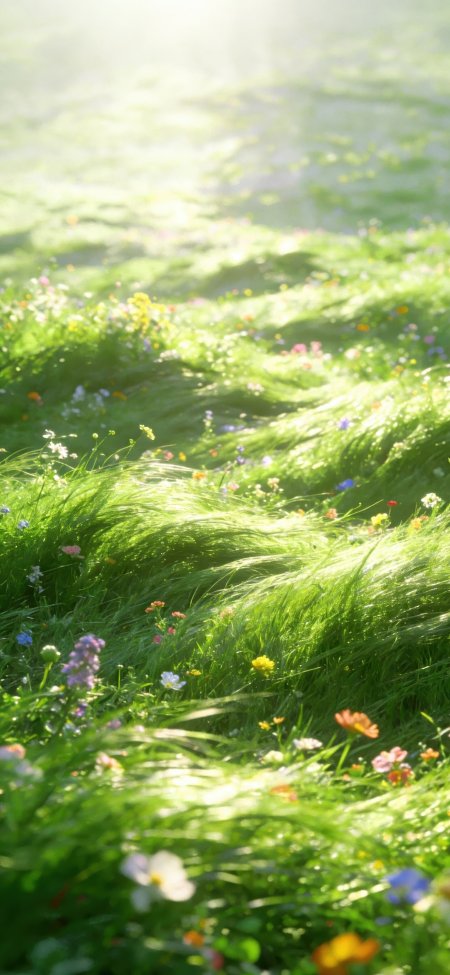阳光草地野花随风摇曳自然风景手机壁纸
