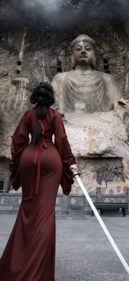 美女红袍持剑背对佛像龙门石窟摄影手机壁纸