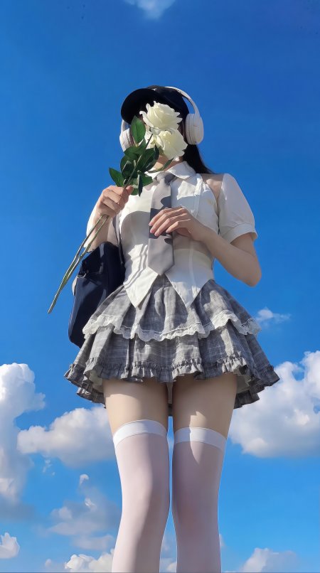 美女白衬衫格裙白玫瑰遮面JK制服手机壁纸