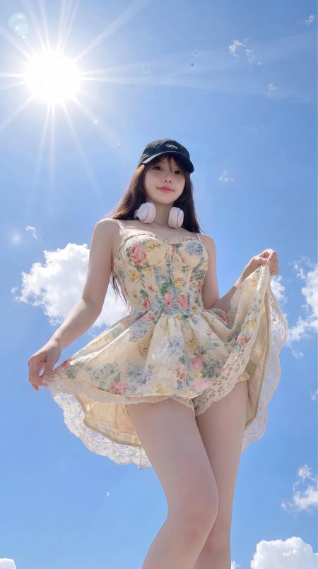 美女花裙戴耳机阳光下蓝天人像手机壁纸