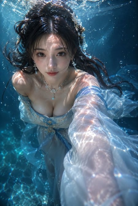 美女水下蓝纱裙长发飘散光影人像摄影手机壁纸