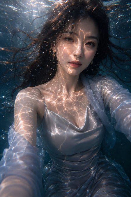 美女水下灰吊带裙长发飘散光影人像摄影手机壁纸