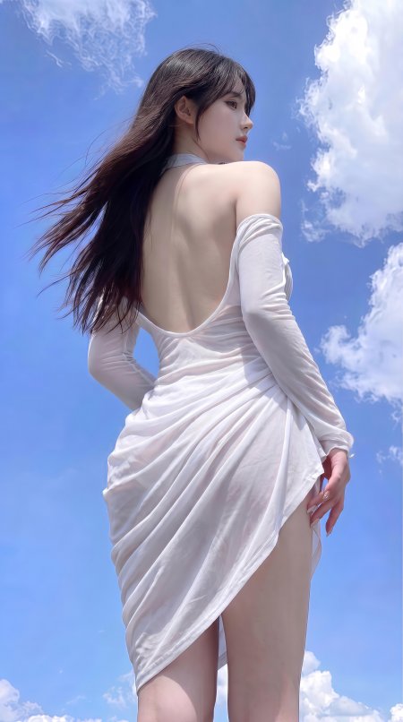 美女白露背连衣裙长发飘逸背影人像手机壁纸