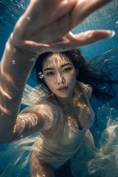 美女水下浅纱裙伸手长发飘散人像摄影手机壁纸