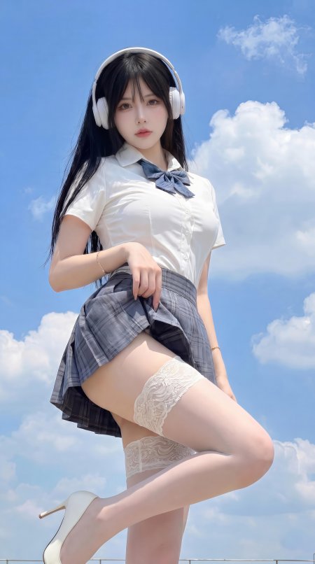 美女白衬衫格裙配耳机蓝天人像手机壁纸