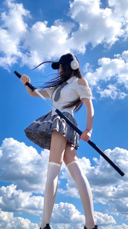 美女校服持剑蓝天白云飒爽人像手机壁纸