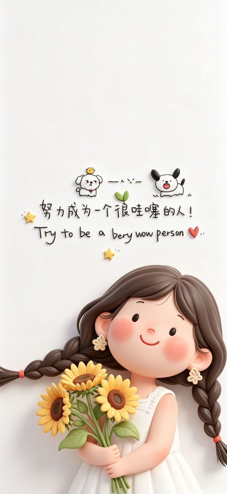小女孩抱向日葵卡通可爱动漫手机壁纸