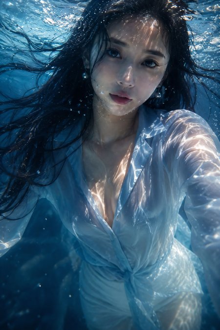美女水下白衬衫长发飘散梦幻人像摄影手机壁纸