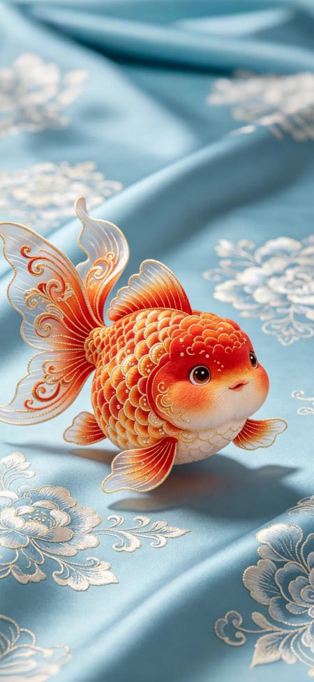 金鱼在蓝色丝绸上可爱创意手机壁纸