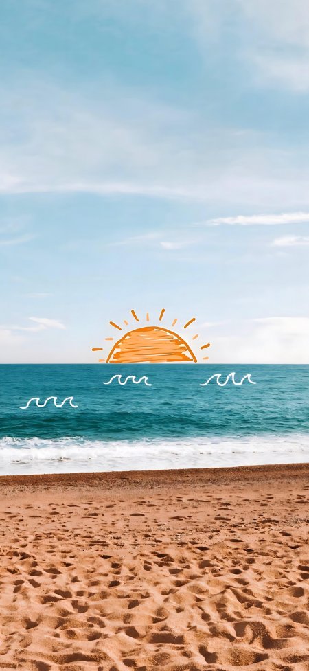 海滩日落手绘太阳海浪风景手机壁纸