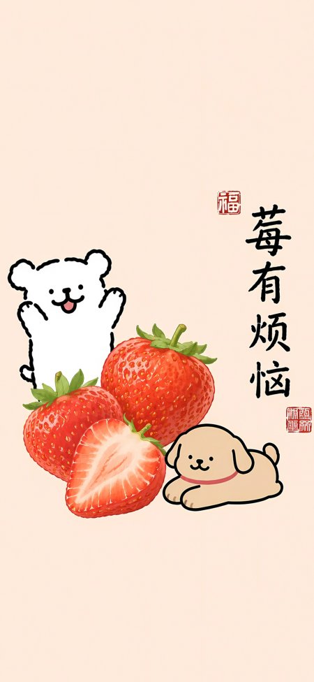 线条小狗草莓旁俏皮互动可爱动漫手机壁纸