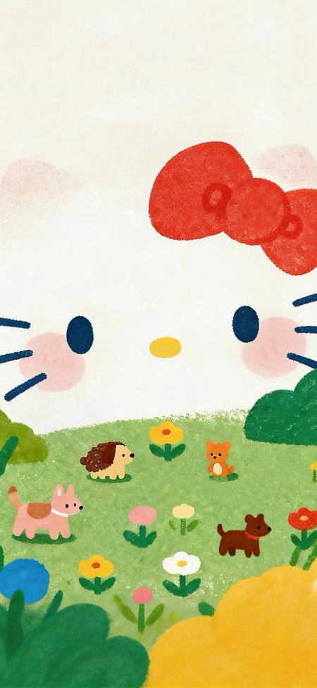 HelloKitty草地动物花朵卡通动漫手机壁纸