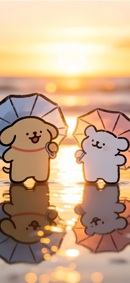 线条小狗海边撑伞看日落浪漫温馨动漫手机壁纸