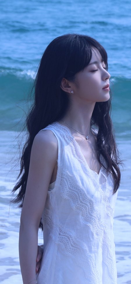 田曦薇女神白色蕾丝裙海边闭眼人像手机壁纸