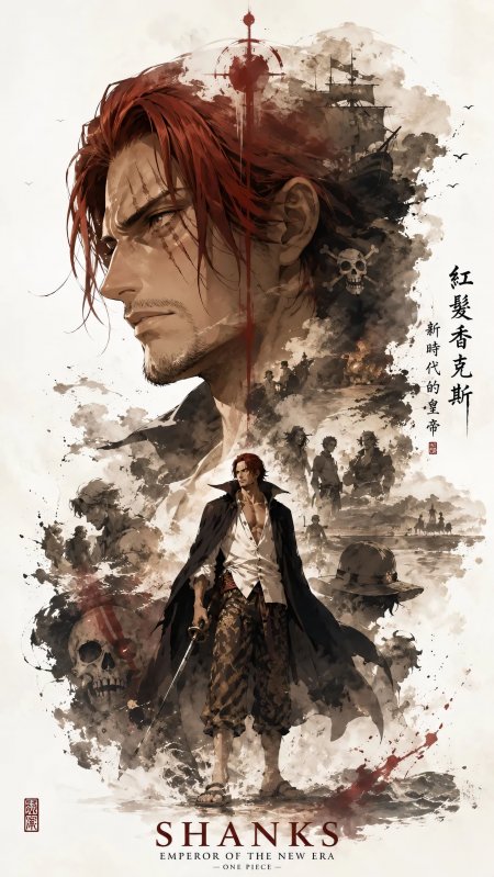 海贼王红发香克斯水墨风艺术插画动漫手机壁纸