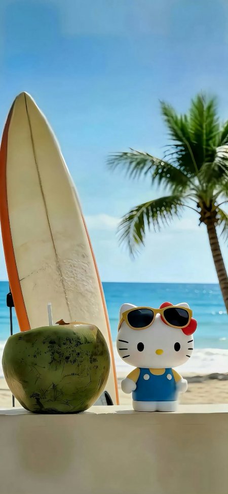 HelloKitty海滩度假墨镜椰子冲浪板创意手机壁纸