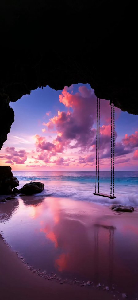 洞穴视角粉紫晚霞海边秋千浪漫风景手机壁纸