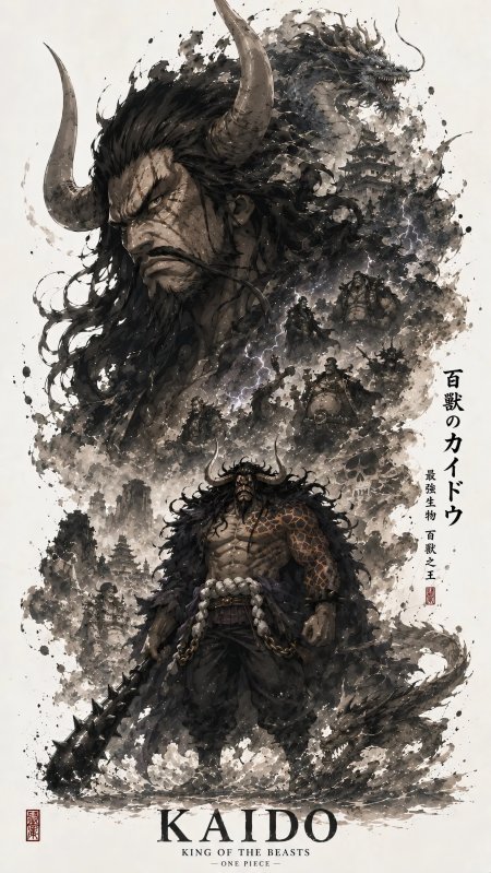 海贼王百兽凯多水墨风最强生物动漫手机壁纸